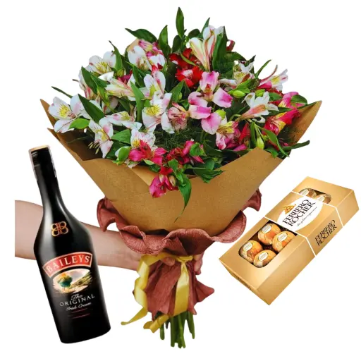 Ramo de flores astromelias con chocolate y baileys 